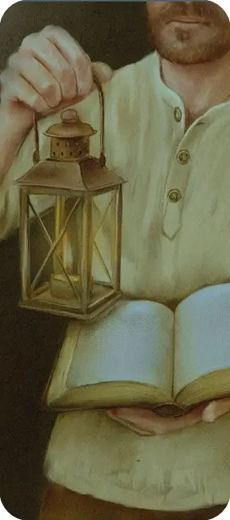 Boekenlegger man met lantaarn